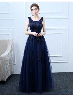 Синее вечернее бальное платье с цветочной вышивкой прокат Уфа