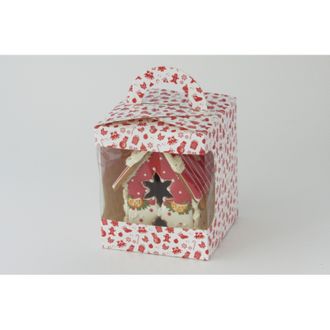 Коробка для пряничного домика с окном (17*17*19 см), Красно-белый новогодний