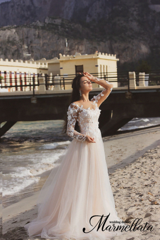 Свадебное персиковое платье с рукавами "Bari" прокат Уфа