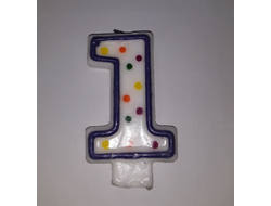 Свеча для торта (7.5 см) Белая в горошек  Цифра 1