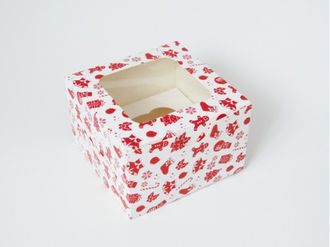 Коробка на 1 кекс (11,5*11,5*8 см), Красно-белый новогодний