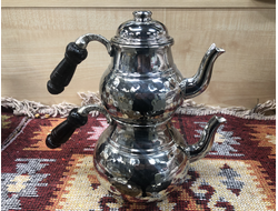 Чайник медный двойной (çaydanlık), толстостенный, средний, цвет «серебро», Турция