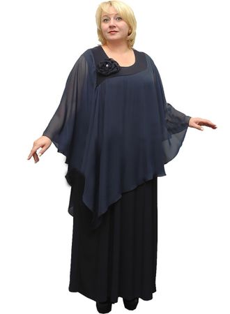 Нарядное платье большого размера с легкой накидкой и брошью Арт. 2308 (Цвета синий и  темно-синий) Размеры 58-84