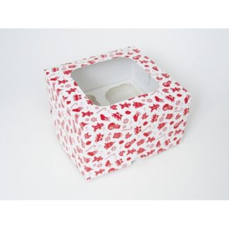 Коробка на 4 кекса квадратная с окошком (17*17*10 см), Красно-белый новогодний