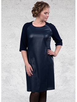 Платье комбинированное эко-кожей Мари-Лайн-1598/1- темно-синий (52-62)