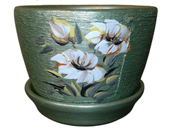 Зеленый керамический горшок для комнатных цветов диаметр 13 см с рисунком цветок