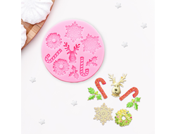 Молд силиконовый 9,5 см "Снежинки+Олень+Леденцы"