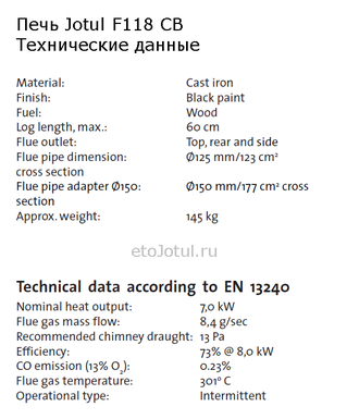 Технические характеристики печи Jotul F118 BP, мощность, вес, эффективность