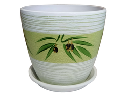 Белый с зеленым керамический горшок для домашних растений диаметр 18 см с рисунком оливки