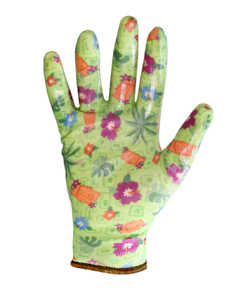 Перчатки "САДОВЫЕ" зеленые (100% нейлон, с принтом, покр. прозр. нитрил) уп 120пар