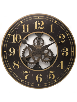 Часы с состаренным коричневым циферблатом и вращающимися шестеренками по центру.