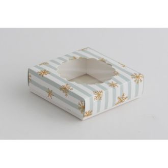 Коробка для трюфелей с окном, 7*7*2,7 см, Снежинки с голубой полоской