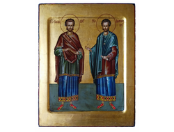 Косьма и Дамиан, Святые мученики, бессеребренники. Рукописная икона "под старину".