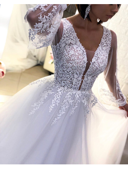Белое свадебное платье с цветочной вышивкой и пышным рукавом  прокат Уфа