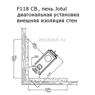 Установка печи Jotul F118 CB BP диагонально в угол к негорючей изоляции, какие отступы