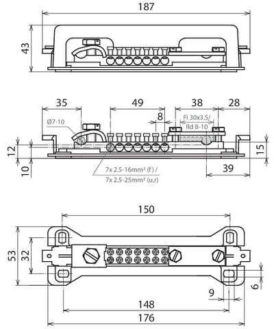 563050 Шина уравнивания потенциалов MS, 7x2,5-16 мм2 1хFl30х3,5 мм 1хRd7-10 мм  Ms