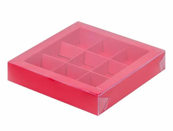 Коробка на 9 конфет 15*15*3 см,  с пластиковой крышкой и с разделителями, Ярко-Розовая
