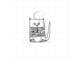 Штамп с котиком в тельняшке с корабликом в руках