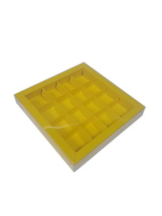 Коробка на 16 конфет 20*20*3 см,  с пластиковой крышкой и с разделителями, Желтая