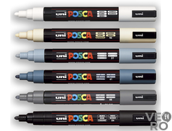Набор из 6 акриловых маркеров (фломастеров) UNI POSCA PC-5M 1.5-2.5 мм GREY оттенки серого/ для рисо
