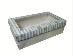 Коробка подарочная ВЫСОКАЯ 5П-В 7 см С ОКНОМ (25*15* выс 7 см), снежинки с голубой полоской