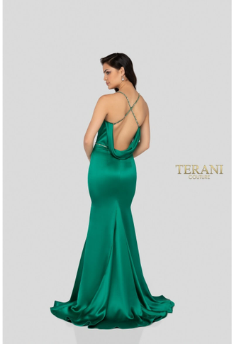 Зеленое вечернее атласное платье с открытой спиной "Terani Emerald" прокат Уфа