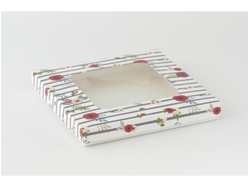 Коробка на 10 печений с окном (24*24*3 см), Бордовые цветы