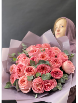 Роза Эквадор,, эквадорская роза, пионовая роза, розовые розы, розы с эвкалиптом, букет роз