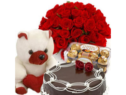25 красных роз с мягкой игрушкой и тортом