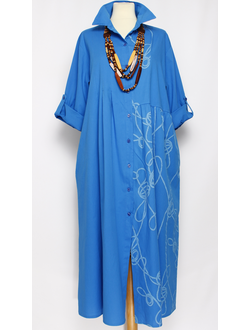 Платье - рубашка "УЗЕЛКИ"  синий, морская волна, оранжевое р.48-52