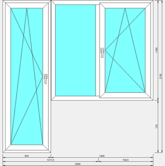 Балконный блок с двустворчатым окном с поворотно-откидной створкой и поворотно-откидной дверью с целиковым стеклопакетом