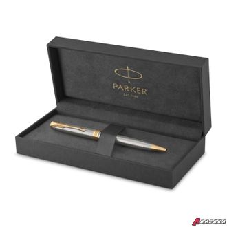 Ручка шариковая PARKER «Sonnet Core Stainless Steel GT», серебристый корпус, позолоченные детали, черная. 142363