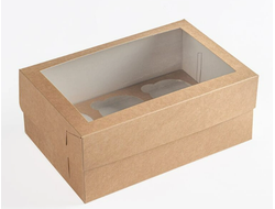 Коробка тонкая на 6 капкейков с Прямоугольным Окном, 23,5*16*10 см, КРАФТ