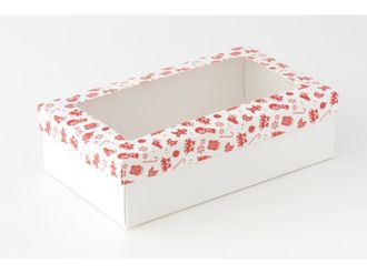 Коробка подарочная ВЫСОКАЯ 5П-В 7 см С ОКНОМ (25*15* выс 7 см), красно-белый новогодний