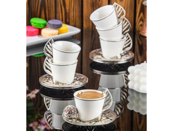 Набор для кофе на 6 персон, белые чашки (фарфор) с серебряной подставкой и металлическими декоративными блюдцами (в коробке)
