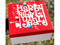 Коробка подарочная ВЫСОКАЯ БЕЗ ОКНА, 20*20* высота 10 см, Happy new year на Красном