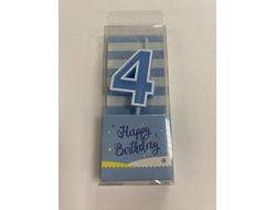 Свеча в торт на шпажке ГОЛУБАЯ с белым ОБОДКОМ, цифра 4