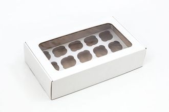 Коробка плотная на 15 капкейков с Прямоугольным Окном, Белая, 40*24*10 см (+ комплект вкладышей 9 + 6 ячеек)