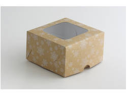 Коробка на 4 кекса квадратная с окошком (17*17*10 см), Крафт снежинки