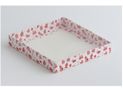 Коробка 20*20*3 см с прозрачной крышкой, красно-белый новогодний