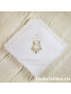 Крестильное полотенце (крыжма) с вышитым уголком-капюшоном, вышивка золотой нитью, модель "Золотая лоза" размер 100х100 см