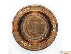 Тарелка деревянная с декором из бересты Часовня