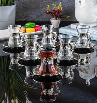 Стаканы для чая (армуды), подарочный набор на 6 персон с круглым блюдцем, декор &quot;Серебро&quot;, Sena, Турция