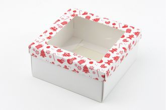 Коробка подарочная ВЫСОКАЯ 4П-В С ОКНОМ (15*15 высота 7 см), Красно-Белый Новогодний