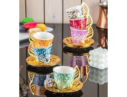 Набор для кофе на 6 персон &quot;Разноцветные капли&quot; с золотой подставкой и металлическими декоративными блюдцами (в коробке), Турция