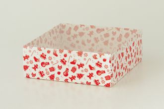 Коробка подарочная с ПРОЗРАЧНОЙ КРЫШКОЙ, 20*20* высота 7 см, Красно-Белый Новогодний