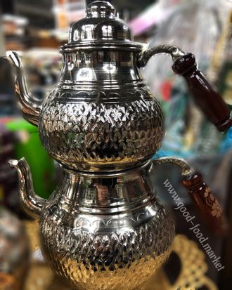 Чайник медный двойной (çaydanlık), средний, цвет «серебро», Турция