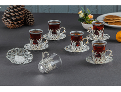 Стаканы для чая (армуды), подарочный набор 6 шт. с блюдцем, декор "серебро", Sena, Турция