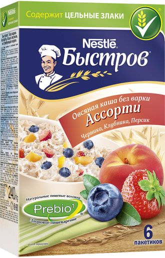 Каша овсяная ассорти черника,клубника,персик prebio 6*40г быстров