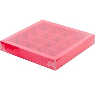 Коробка на 16 конфет 20*20*3 см,  с пластиковой крышкой и с разделителями, Ярко-Розовая